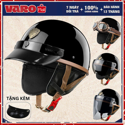 [2 Lưỡi Trai] Mũ Bảo Hiểm Nửa Đầu VARO PUG Retro ĐEN BÓNG Có Ốp Tai Chính Hãng - Bảo Hành 1 Năm