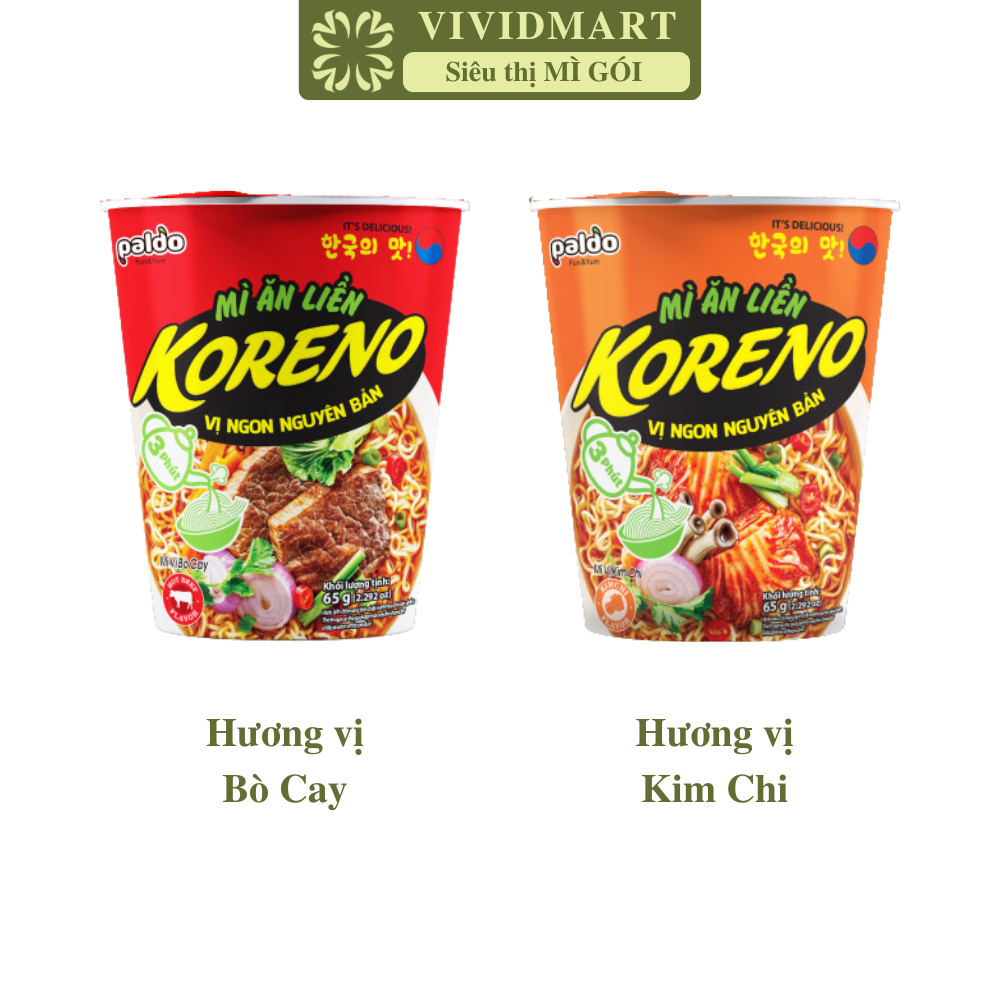 [LY LẺ] - PALDO - Mì ly Koreno 2 vị: Bò cay, Kim chi, Mì ly ăn liền Koreno Hàn Quốc, Mì ly Koreno ăn