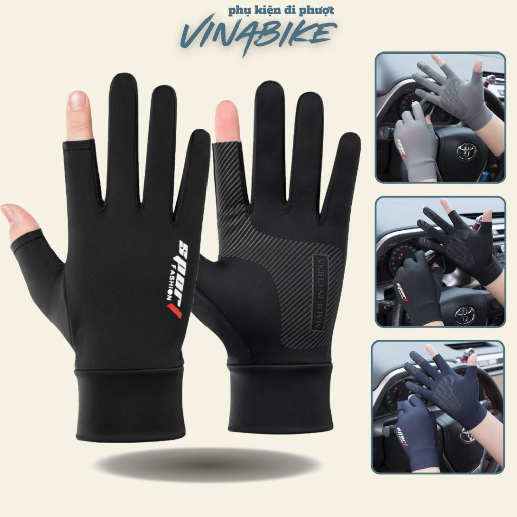 Găng tay chống nắng nam nữ đi xe máy, kiểu dáng xỏ 2 ngón chất liệu vải thun lạnh co giãn mát mẻ, chống tia UV VINABIKE