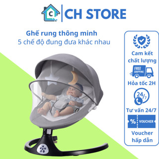 Ghế rung nhún ru ngủ cho bé sơ sinh, nôi rung điện tự động có điều khiển từ xa nâng hạ thành ghế ăn dặm, màn chống muỗi
