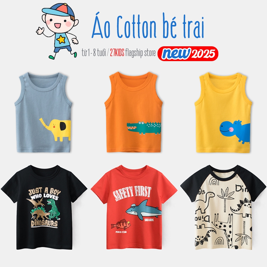 Áo ba lỗ sát nách bé trai EROKIDS áo phông cho bé in hình ngộ nghĩnh chất cotton mẫu mới 2025