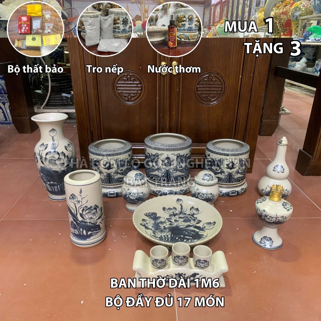 HG107 Đồ Thờ Cúng Bộ 17 món ban thờ 1M6 men rạn trơn nghệ nhân Bát Tràng chế tác TẶNG Thất Bảo, Tro 