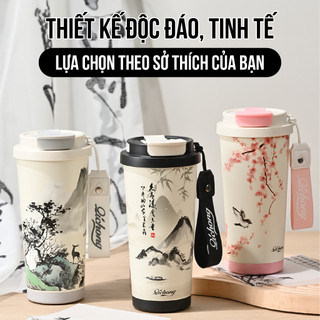  Ly giữ nhiệt tráng sứ thuỷ mặc 500ml thiết kế có gu sáng tạo và độc đáo chất liệu an toàn 
