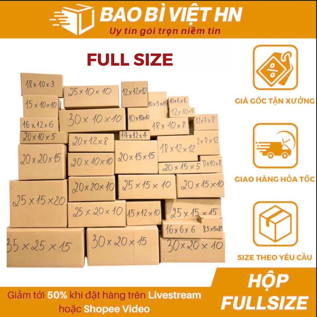 Combo 10 Hộp carton đối khẩu đóng hàng 3 lớp, đa kích cỡ, hộp giấy gói hàng giá rẻ - Bao bì Việt HN