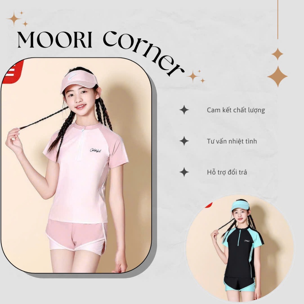 Bộ đồ bơi bé gái tay ngắn phong cách thể thao | Đồ bơi trẻ em từ 5-14 tuổi | Áo bơi thể thao + Quần 