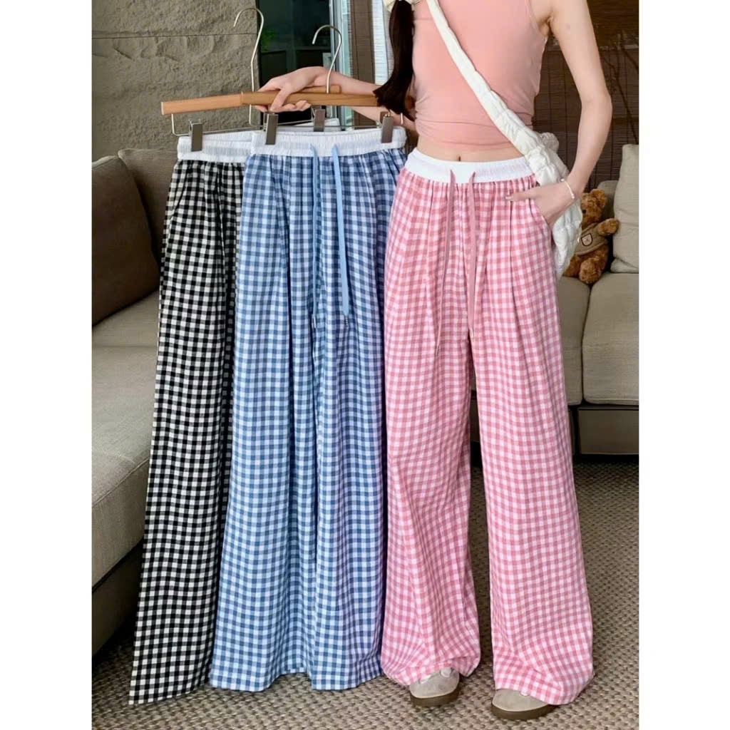 Quần Ống Rộng Suông Kẻ Caro Phối Cạp Trắng Dây Rút Chất Kate Đũi Sọc Form Rộng Ulzzang NUPAKACHI Pho