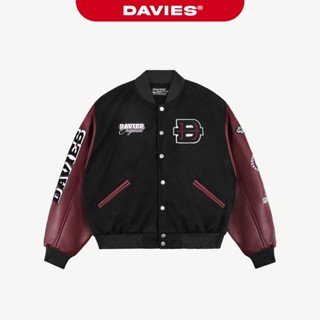 Áo khoác varsity phối tay da đỏ DAVIES hình thêu nổi thiết kế nút bấm nỉ lót dù hiphop Heritage Bomber Jacket| D-AK10-DO