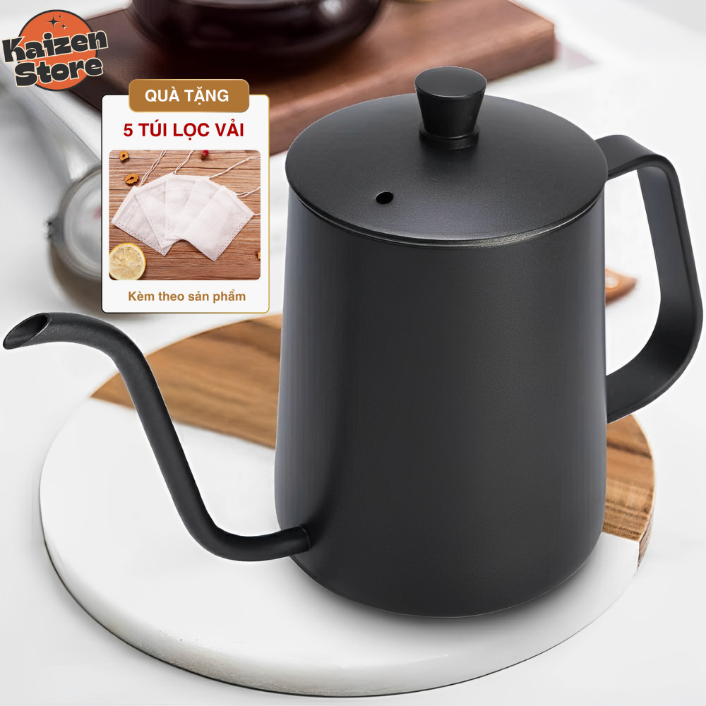 Ấm cổ ngỗng, bình rót cà phê pha trà, inox 304 cao cấp, vòi dài rót nước đều - màu đen 600ml
