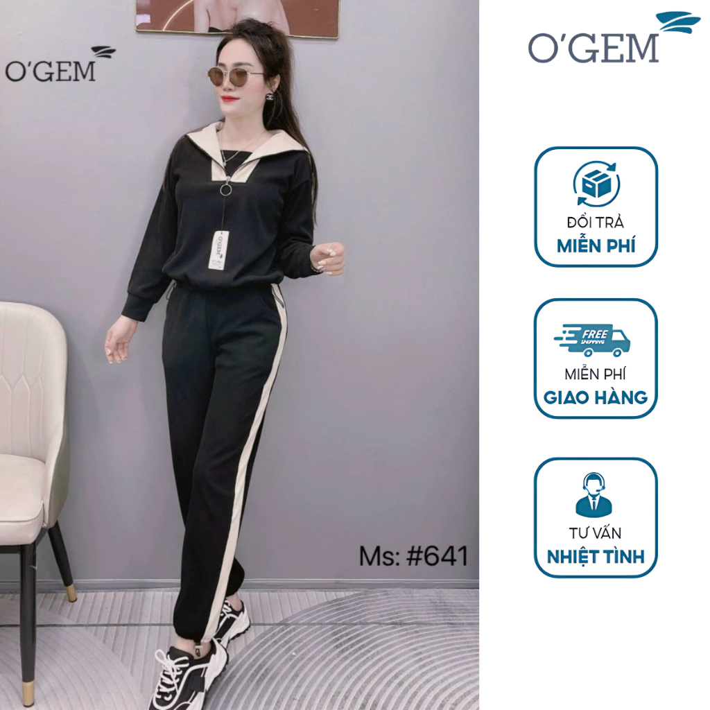Bộ đồ nữ thu đông OGEM chất liệu nỉ nhung tăm cổ bản to khóa kéo kẻ sọc thể thao trẻ trung năng động
