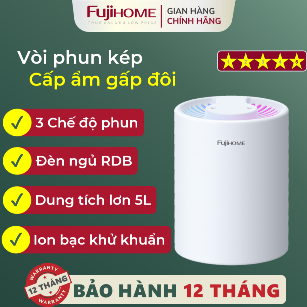 Máy phun sương, tạo ẩm, xông tinh dầu FUJIHOME dung tích lớn 2 vòi phun , tích hợp đèn Led 7 màu