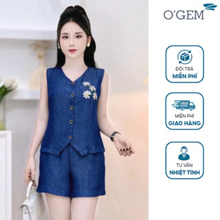 Đồ bộ nữ mùa hè áo gile quần short đùi OGEM chất jeans lụa cao cấp họa tiết thêu ngực trẻ trung sang trọng tinh tế B856