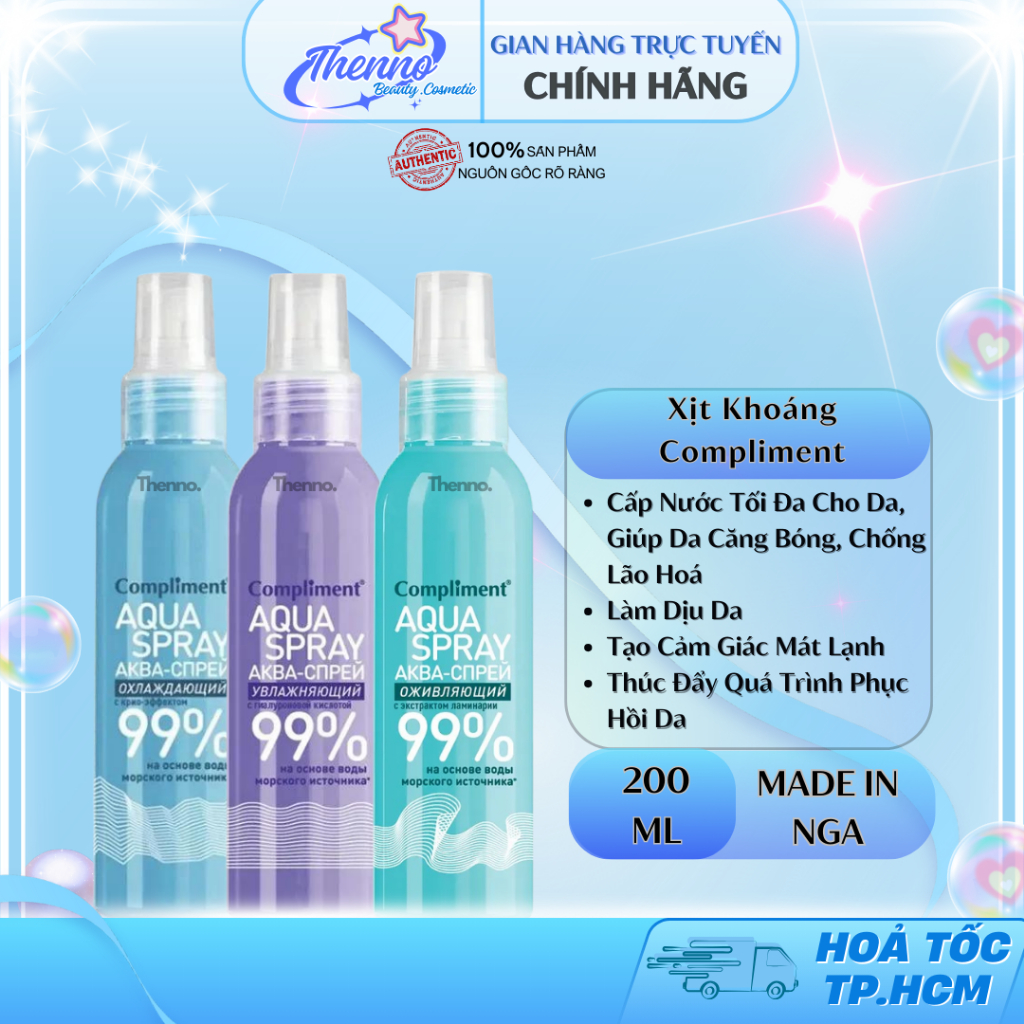 Xịt Khoáng Compliment Aqua Spray 99% Cấp Ẩm Phục Hồi Làm Dịu Cân Bằng Da 200ml