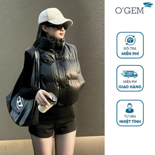 Áo khoác phao gile nữ croptop OGEM năng động chất liệu da hàng Quảng Châu siêu nhẹ có dây rút A03