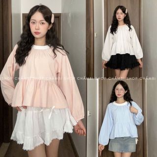   XẢ HÀNG Áo sơ mi nữ A.714 Áo babydoll tay phồng phối cổ trăng tròn dáng lửng 2 màu pastel dễ thương - Shop Chấm Bi 