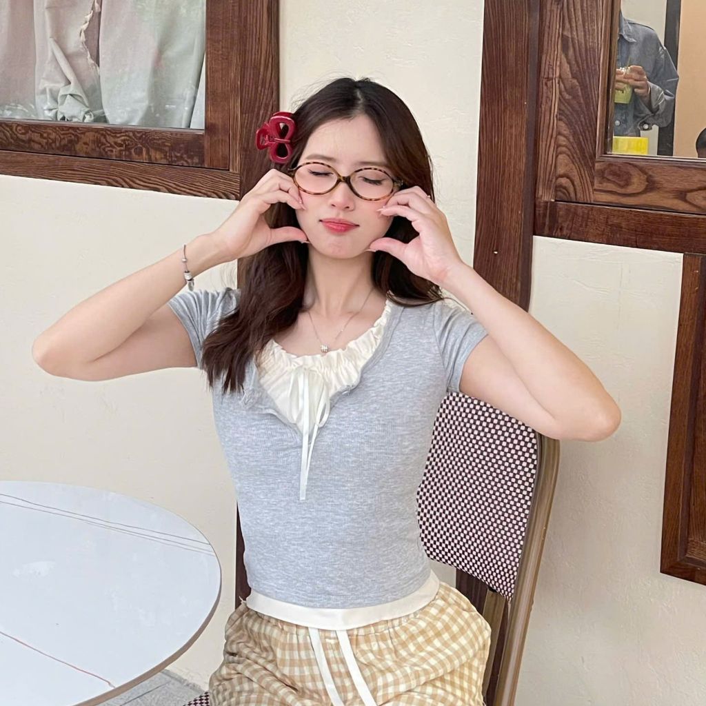 Áo thun tăm cộc tay phối bèo buộc dây MILASU áo nữ cổ tròn thoáng mát A392 | BigBuy360 - bigbuy360.vn