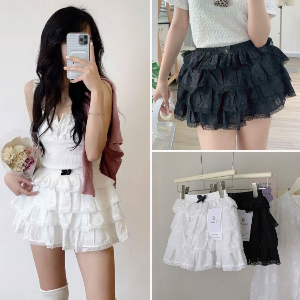 Chân Váy Xếp Tầng Ren Dáng Ngắn Đính Nơ 2 Màu Siêu Xinh, Labibi