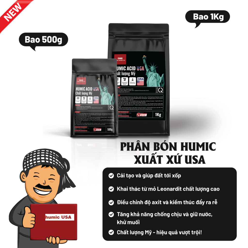 Phân bón hữu cơ Humic Acid – Xuất xứ USA - humic usa gói 1kg / 500g dạng bột hoà tan trong nước (NNV