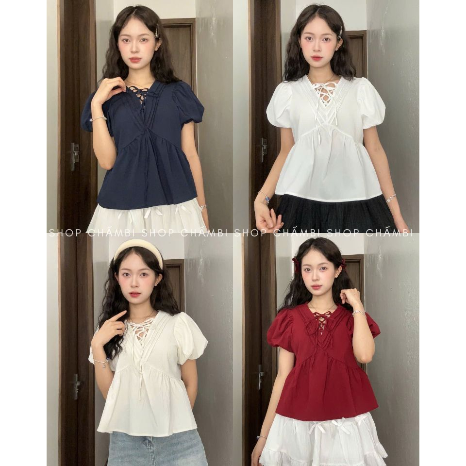 Áo babydoll nữ A.723, Áo cổ tàu tay ngắn dáng babydoll phối ren hoa cổ thắt nơ xinh xắn - Shop Chấm 