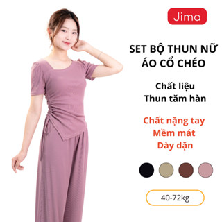 Set bộ nữ Jima set áo dáng cổ chéo dây rút nhún eo bộ quần dài chất vải nặng tay thoáng mát mềm mại co giãn 121