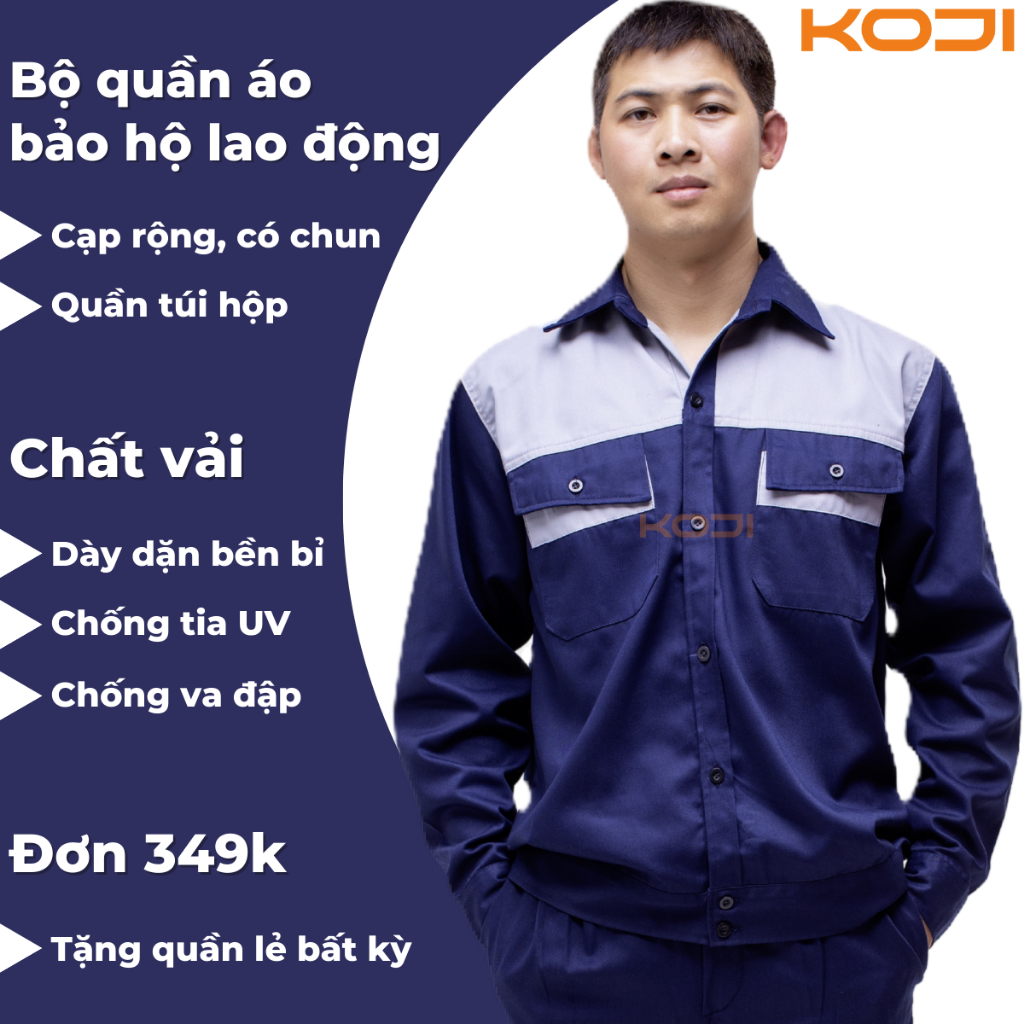 Bộ Quần Áo Bảo Hộ Lao Động Nam KOJI KJ311 Màu Xanh Than Phối Ghi Sáng Vải Kaki 3/1 Dày Dặn Bền Bỉ Cho Công Nhân Kỹ Sư