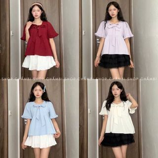  Áo babydoll kiểu A.724 Áo babydoll nơ to cổ vuông tay ngắn dáng rộng vải đũi sần dễ thương - Shop Chấm Bi 