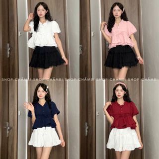 Áo babydoll phồng A.726, Áo babydoll kiểu croptop xòe 2 tầng tay bồng cổ bèo phong cách dễ thương - Shop Chấm Bi