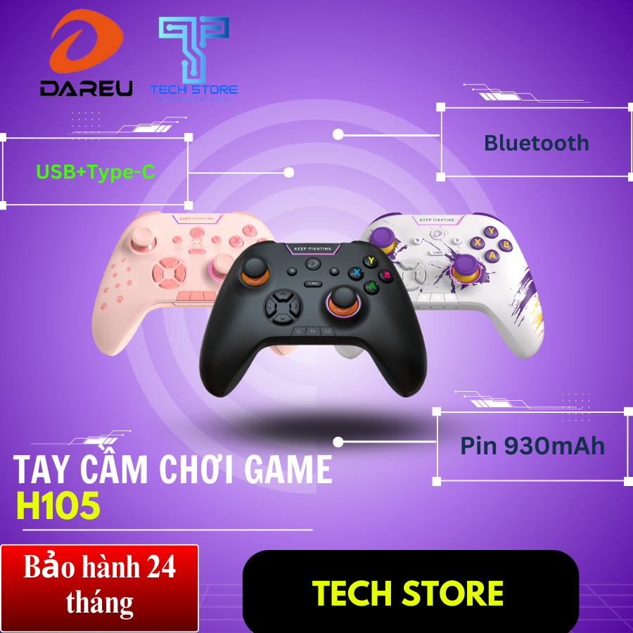 Tay cầm chơi game DAREU H105 - Pin sạc 930mAh (TRIPLE MODE: USB cable+2.4G+Bluetooth)  TECH STORE