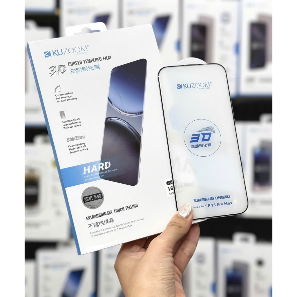 iPhone 16,15,Siêu kính cường lực Kuzoom 3D Curved Tempered trong suốt mép cong 3D xịn che phủ hoàn h