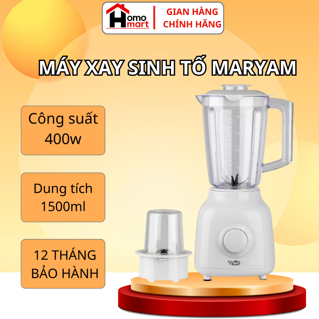 Máy Xay Sinh Tố MARYAM, Máy Xay Đa Năng Siêu Khoẻ 2 Cối Xay Công Suất 400w Dung Tích 1500ml BH 12THÁNG