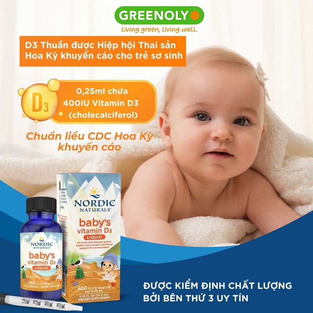 Vitamin D3 thuần tinh khiết Nordic Naturals lọ 22,5ml, Hỗ trợ phát triển hệ xương răng bé 0-12 tháng tuổi