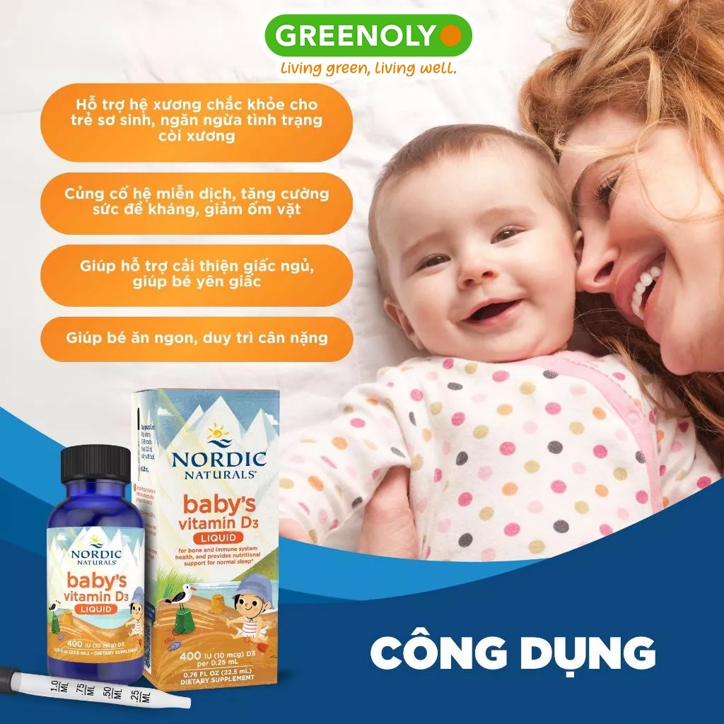 Vitamin D3 thuần tinh khiết Nordic Naturals lọ 22,5ml, Hỗ trợ phát triển hệ xương răng bé 0-12 tháng tuổi