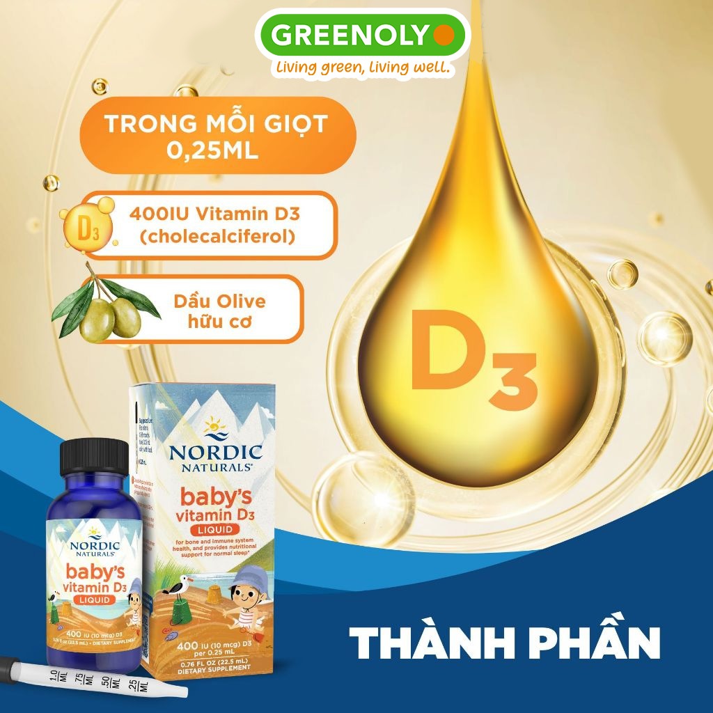 Vitamin D3 thuần tinh khiết Nordic Naturals lọ 22,5ml, Hỗ trợ phát triển hệ xương răng bé 0-12 tháng tuổi