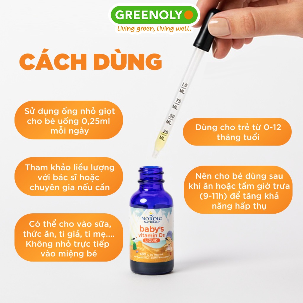 Vitamin D3 thuần tinh khiết Nordic Naturals lọ 22,5ml, Hỗ trợ phát triển hệ xương răng bé 0-12 tháng tuổi
