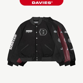 Áo varsity nỉ đen tay phối da Davies hình thêu nổi form rộng có lót trong Heritage Bomber Varsity Jacket | D-AK10