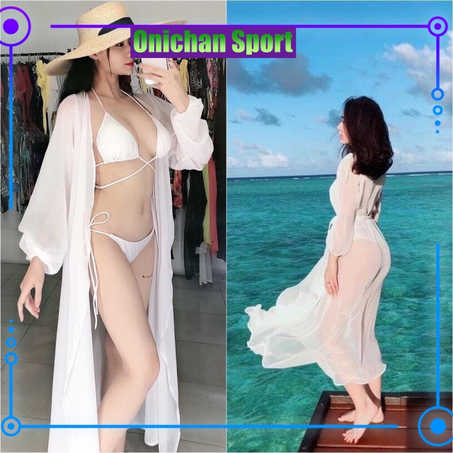Áo Khoác Kimono Đi Biển Dáng Dài Hai Màu, Áo Choàng Bikini Voan Tay Kiểu [Ảnh Chụp Thật] - OK009