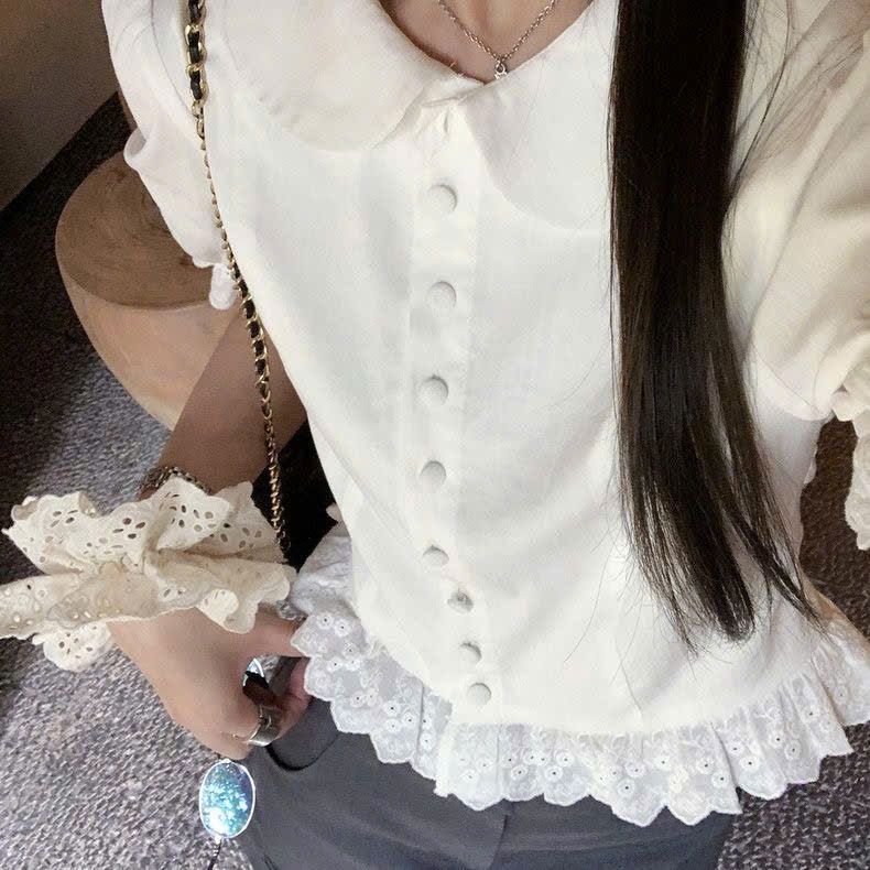 (SẴN-ẢNH THẬT) Sơ mi tay phồng cổ sen vạt ren Yummy đi học, Áo kiểu sơ mi croptop Hàn Quốc S26 | BigBuy360 - bigbuy360.vn