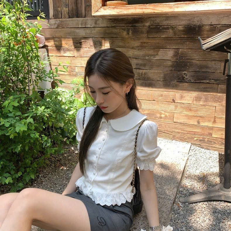 (SẴN-ẢNH THẬT) Sơ mi tay phồng cổ sen vạt ren Yummy đi học, Áo kiểu sơ mi croptop Hàn Quốc S26 | BigBuy360 - bigbuy360.vn