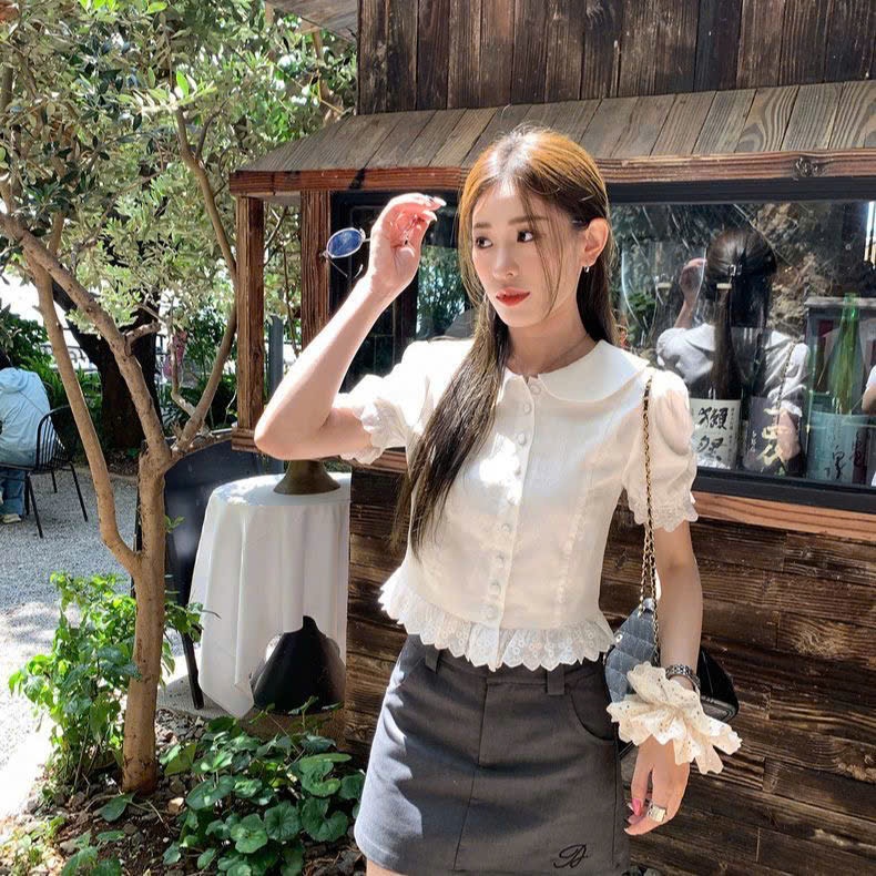 (SẴN-ẢNH THẬT) Sơ mi tay phồng cổ sen vạt ren Yummy đi học, Áo kiểu sơ mi croptop Hàn Quốc S26 | BigBuy360 - bigbuy360.vn