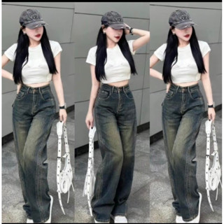 Quần jean nữ dài 100cm ống Suông vải QC mềm ( S-2XL ) lưng cao nâng mông chất bò xanh dơ chít 2 bên hông mã 124