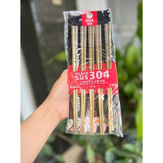 Vỉ đũa hoa Inox 304 Cao Cấp ĐẦU VUÔNG Chống Trơn Trượt SET 5 Đôi MÀU VÀNG Đũa Ăn Inox kiểu Nhật dài 23.5cm 