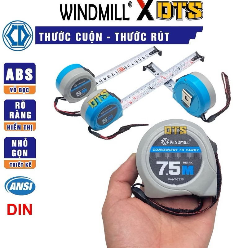 Thước rút - Thước cuộn thép WINDMILL 5m 7.5m | Thước kéo hệ mét, lỗ ban bản to 25mm vỏ ABS chống va đập, số sắc nét