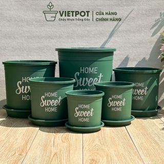 Chậu nhựa trồng cây VIETPOT, màu xanh, hoa văn Sweet Home, trồng hoa kiểng lá, để nhà, sân vườn.
