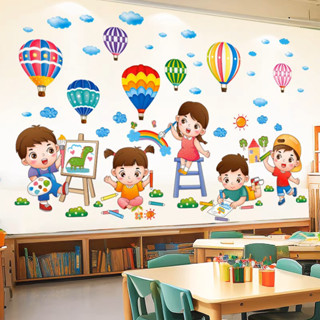  Decal dán tường bé vẽ tranh và khinh khí cầu trang trí nhà cửa 