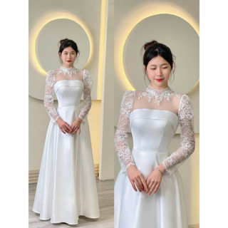 váy đi bàn, đi tiệc cô dâu chất liệu phi dáng suông, cổ cao, tay dài ren mi nhẹ nhàng, bánh bèo, sang trọng