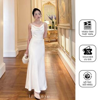 Đầm lụa hai dây kín lưng La Boutique cổ đổ 1 lớp dày dặn vải lụa nhung xược cao cấp-D002