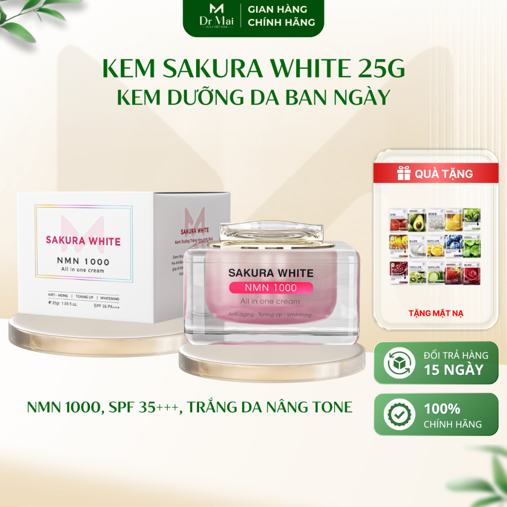 Kem dưỡng trắng da chống nắng hoa anh đào Sakura White NMN 1000, dưỡng da trắng sáng, ngăn lão hóa |