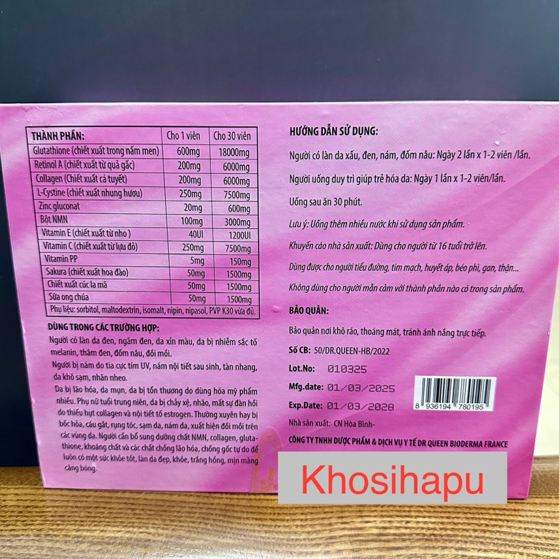 Viên uống Trắng da GLUTATHIONE 18000mg viên uống trắng da cấp tốc giảm nám mờ thâm nhăn căng bóng tăng sinh lý nữ 60v