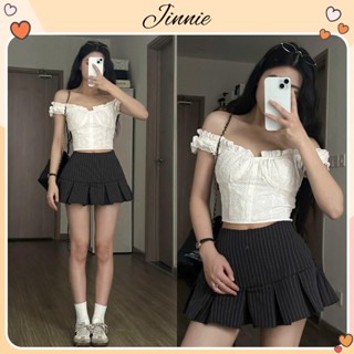 Set áo trễ vai chân váy, Áo croptop nữ kiểu trễ vai mix chân váy kẻ ngắn xếp ly tiểu thư hàn quốc