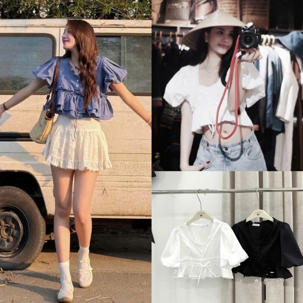 Áo Cổ Tim Kaki Thô Dáng Croptop Tay Bồng 2 Lớp Có Dây Rút Ngực Điều Chỉnh Được, 3 Màu Basic Dễ Phối 