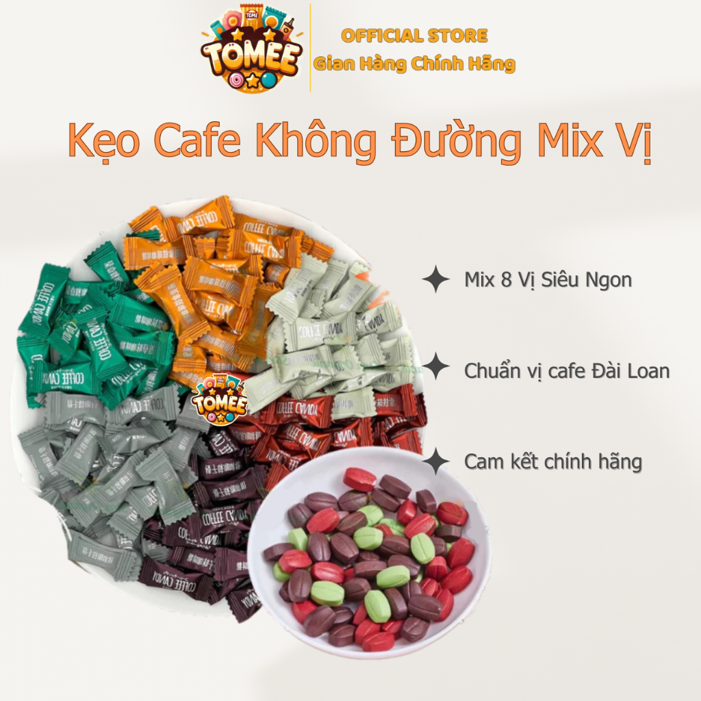Kẹo Cà Phê Chính Hãng Không Đường Mix 8 Vị, Kẹo Cafe Đài Loan/ Coffee Candy Tomee Store